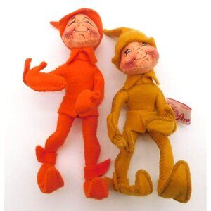 Lot of 2 Annalee Elf Pixie Poseable Dolls Figures Autumn Orange Yellow 1994 5"